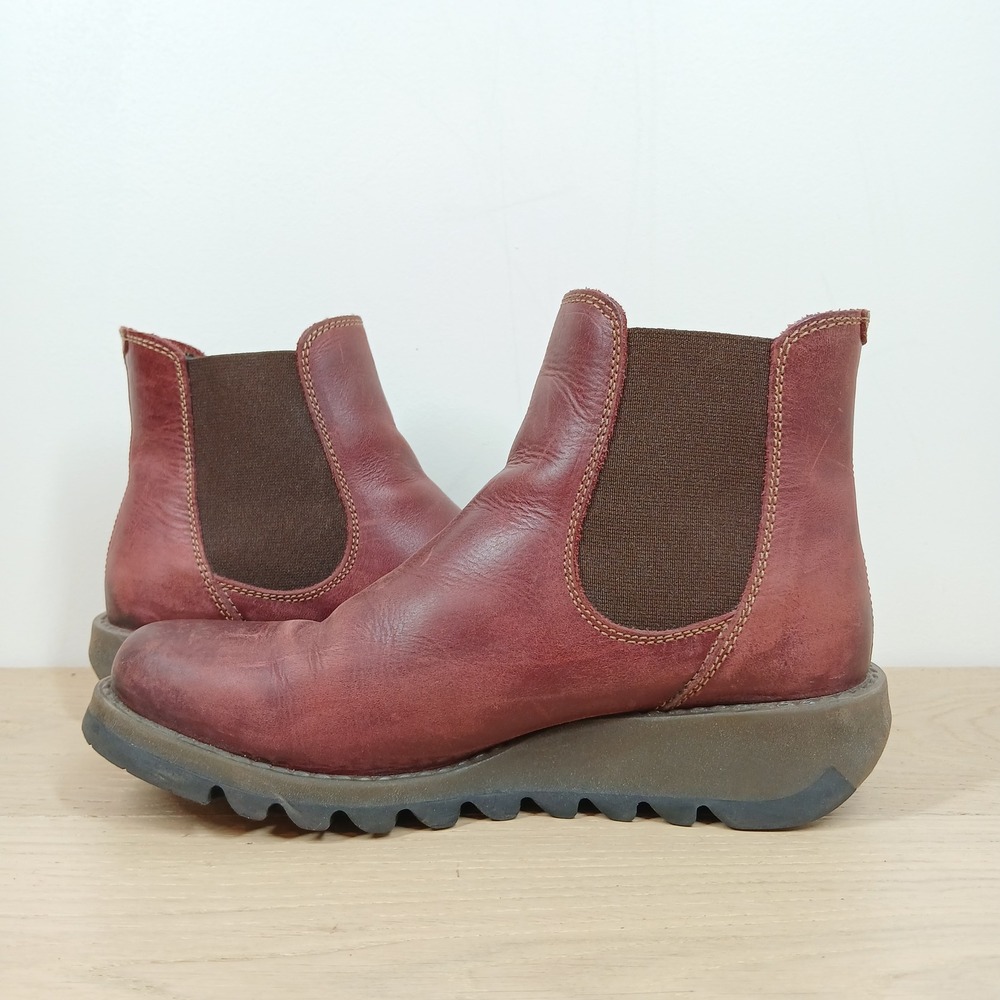 Fly London Ankle Boots Women's 7-7.5 /38 Burgundy Rug Leather Chelsea Wedge - Picture 5 of 12
